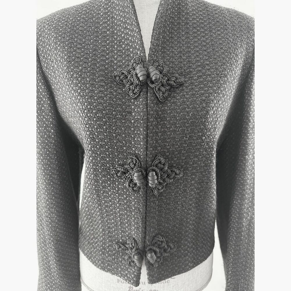 Vintage Asian Style Frog Closure Textured Tweed Jacket Black Mandarin Collar XL - Picture 6 of 8
